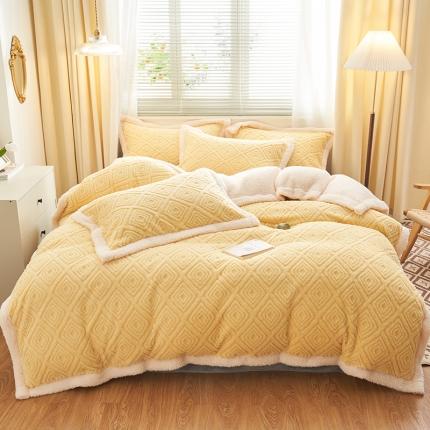 91家纺网 家纺一手货源 找家纺 吾秀家居2022新款舒棉绒提花四件套 回格黄