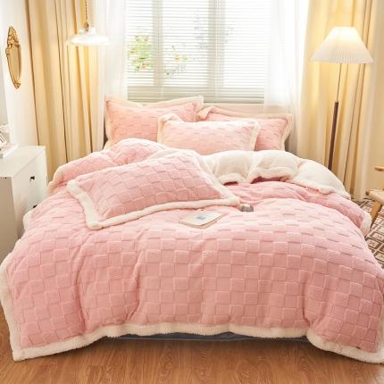 吾秀家居2022新款舒棉绒提花四件套 方块粉