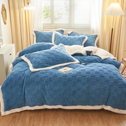 吾秀家居2022新款舒棉绒提花四件套 方块蓝