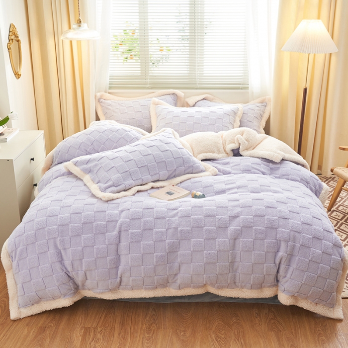 91家纺网 家纺一手货源 找家纺 吾秀家居2022新款舒棉绒提花四件套 方块紫