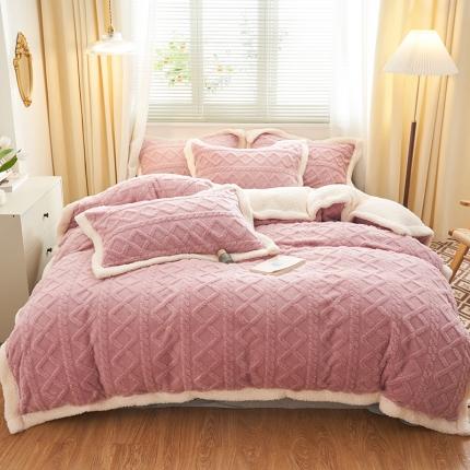 吾秀家居2022新款舒棉绒提花四件套 毛衣粉