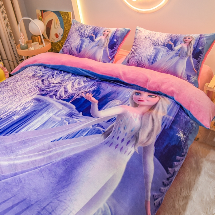 91家纺网 家纺一手货源 找家纺 ds生活馆2025新款大版卡通水晶牛奶珊瑚绒单被套三四件套 冰雪皇后