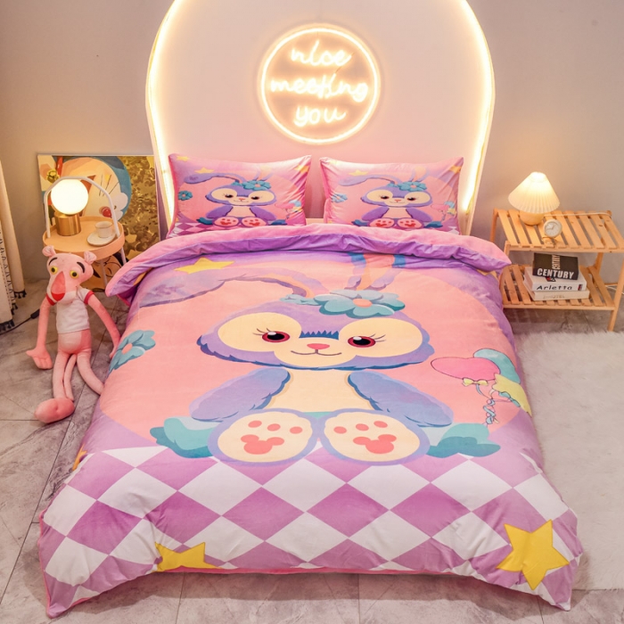 91家纺网 家纺一手货源 找家纺 ds生活馆2025新款大版卡通水晶牛奶珊瑚绒单被套三四件套 星黛露紫