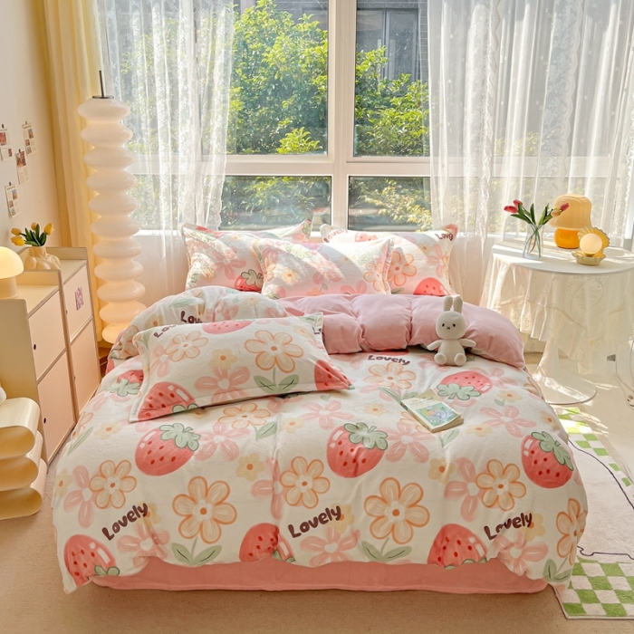 91家纺网 家纺一手货源 找家纺 2022慕尚高克重田园风牛奶绒系列单被套 大草莓