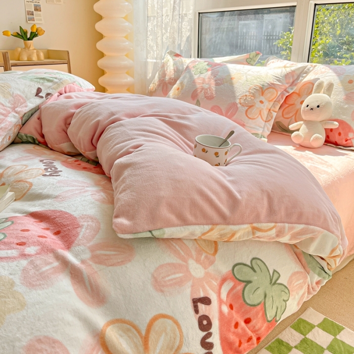 91家纺网 家纺一手货源 找家纺 2022慕尚高克重田园风牛奶绒系列单被套 大草莓