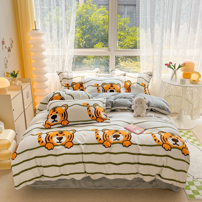 91家纺网 家纺一手货源 找家纺 2022慕尚高克重田园风牛奶绒系列单被套 老虎