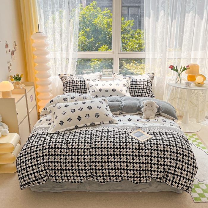 91家纺网 家纺一手货源 找家纺 2022慕尚高克重田园风牛奶绒系列单被套 千鸟格