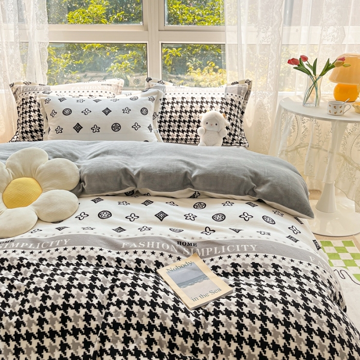 91家纺网 家纺一手货源 找家纺 2022慕尚高克重田园风牛奶绒系列单被套 千鸟格