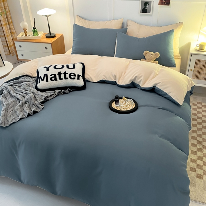 91家纺网 家纺一手货源 找家纺 米瑞娜2022新款纯色磨毛双拼四件套 海蓝拼奶茶