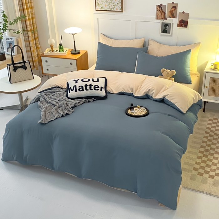 91家纺网 家纺一手货源 找家纺 米瑞娜2022新款纯色磨毛双拼四件套 海蓝拼奶茶