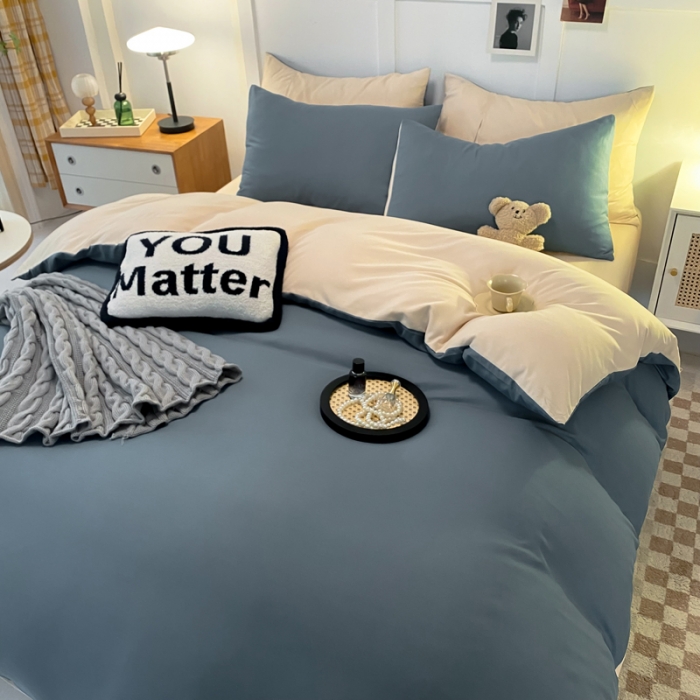 91家纺网 家纺一手货源 找家纺 米瑞娜2022新款纯色磨毛双拼四件套 海蓝拼奶茶