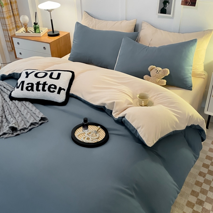 91家纺网 家纺一手货源 找家纺 米瑞娜2022新款纯色磨毛双拼四件套 海蓝拼奶茶