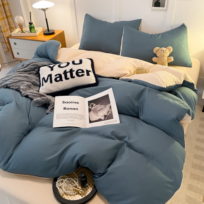 91家纺网 家纺一手货源 找家纺 米瑞娜2022新款纯色磨毛双拼四件套 海蓝拼奶茶