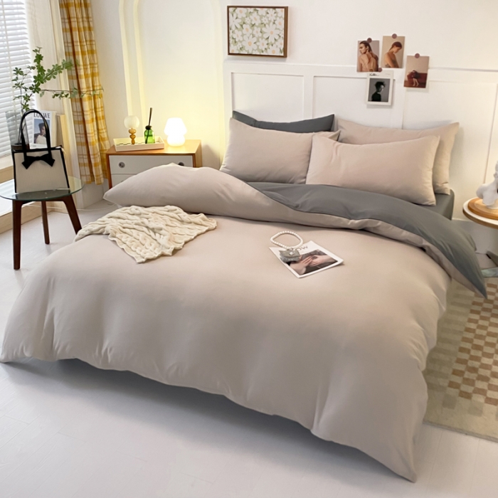 91家纺网 家纺一手货源 找家纺 米瑞娜2022新款纯色磨毛双拼四件套 米白灰