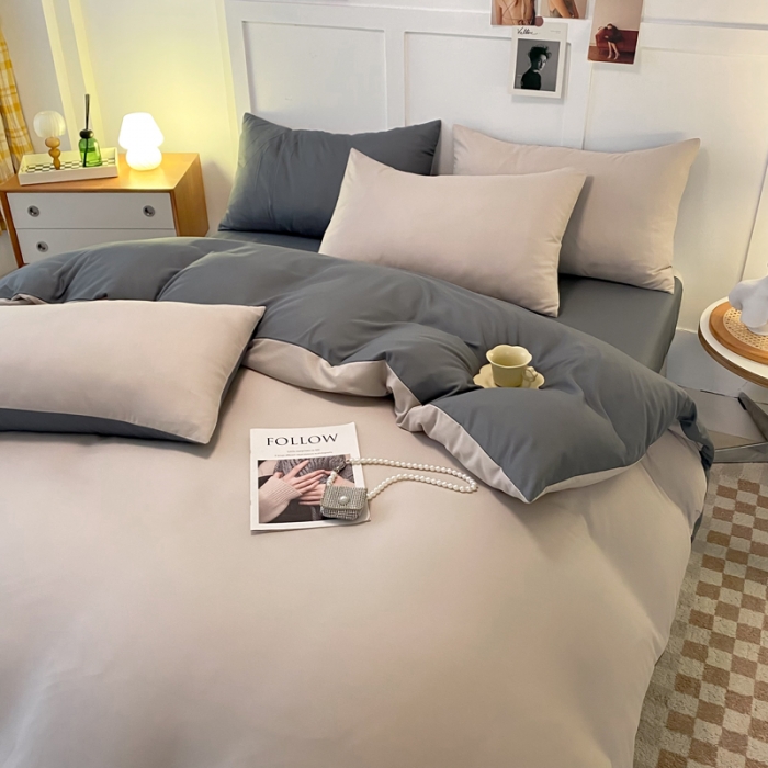 91家纺网 家纺一手货源 找家纺 米瑞娜2022新款纯色磨毛双拼四件套 米白灰