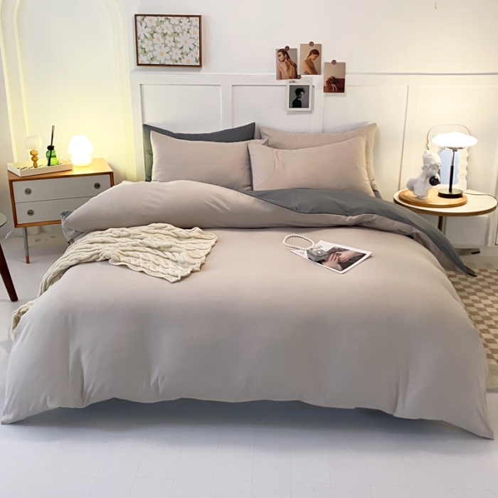 91家纺网 家纺一手货源 找家纺 米瑞娜2022新款纯色磨毛双拼四件套 米白灰