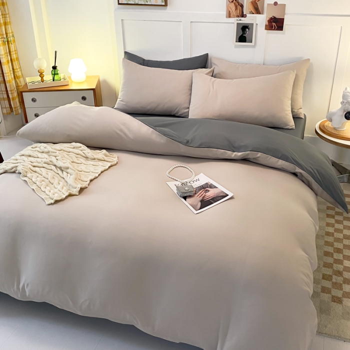 91家纺网 家纺一手货源 找家纺 米瑞娜2022新款纯色磨毛双拼四件套 米白灰