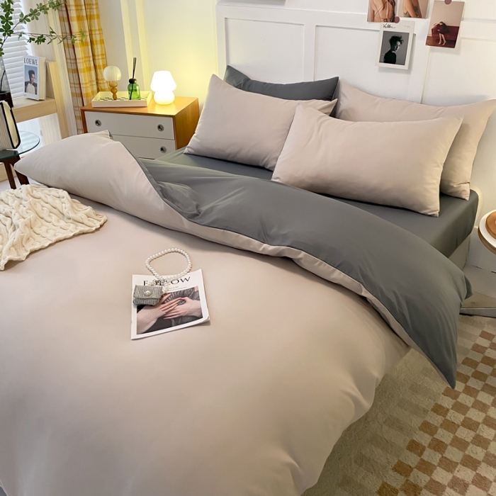 91家纺网 家纺一手货源 找家纺 米瑞娜2022新款纯色磨毛双拼四件套 米白灰