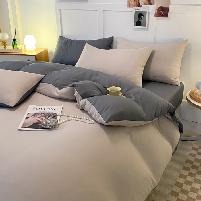 91家纺网 家纺一手货源 找家纺 米瑞娜2022新款纯色磨毛双拼四件套 米白灰