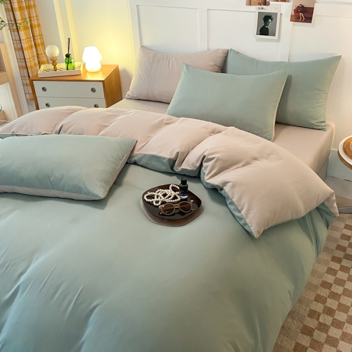 91家纺网 家纺一手货源 找家纺 米瑞娜2022新款纯色磨毛双拼四件套 抹茶卡其