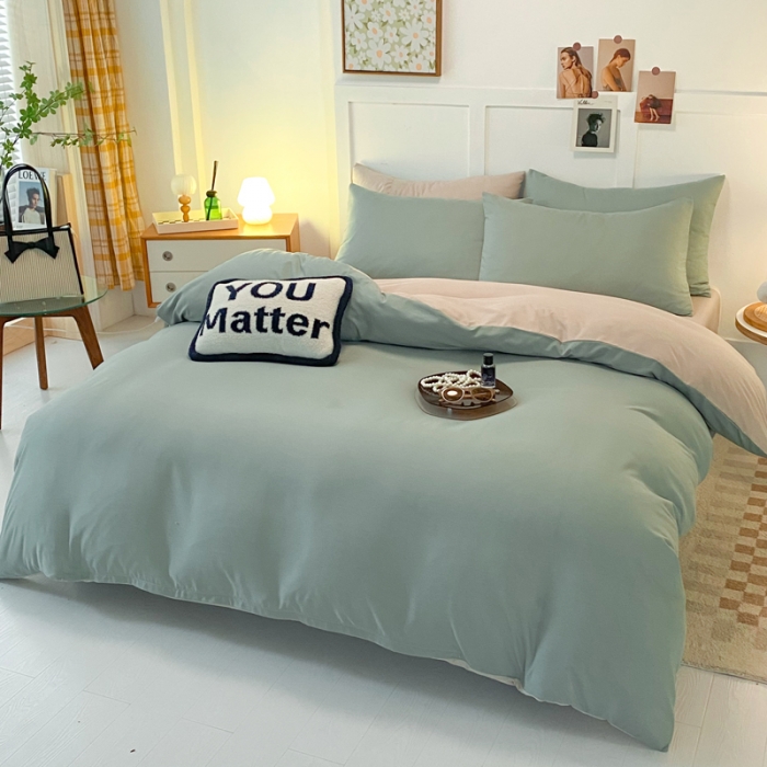 91家纺网 家纺一手货源 找家纺 米瑞娜2022新款纯色磨毛双拼四件套 抹茶卡其