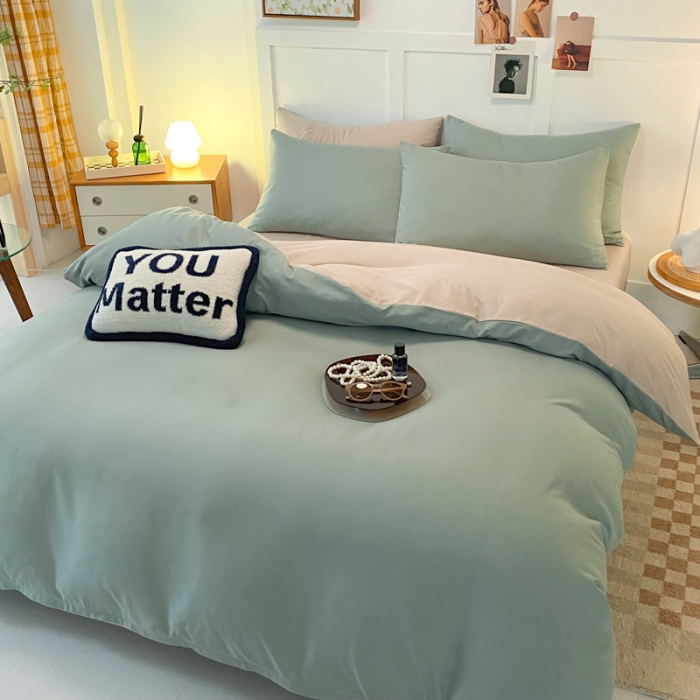 91家纺网 家纺一手货源 找家纺 米瑞娜2022新款纯色磨毛双拼四件套 抹茶卡其