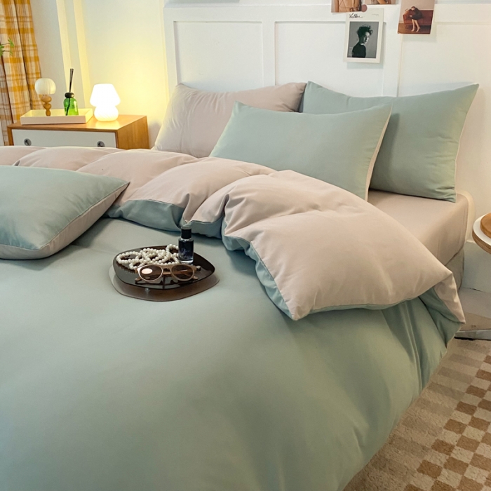 91家纺网 家纺一手货源 找家纺 米瑞娜2022新款纯色磨毛双拼四件套 抹茶卡其