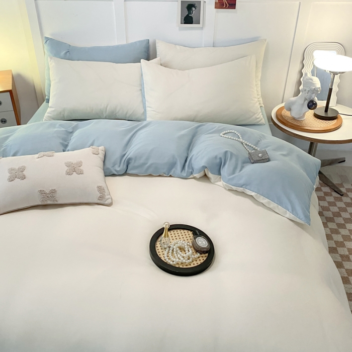 91家纺网 家纺一手货源 找家纺 米瑞娜2022新款纯色磨毛双拼四件套 奶白淡蓝