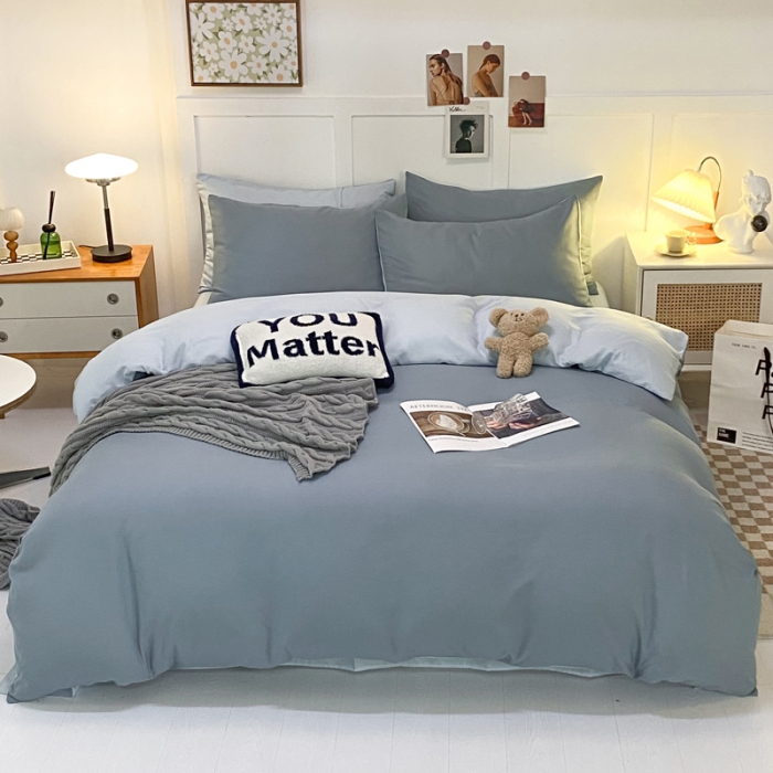 91家纺网 家纺一手货源 找家纺 米瑞娜2022新款纯色磨毛双拼四件套 月光雾蓝