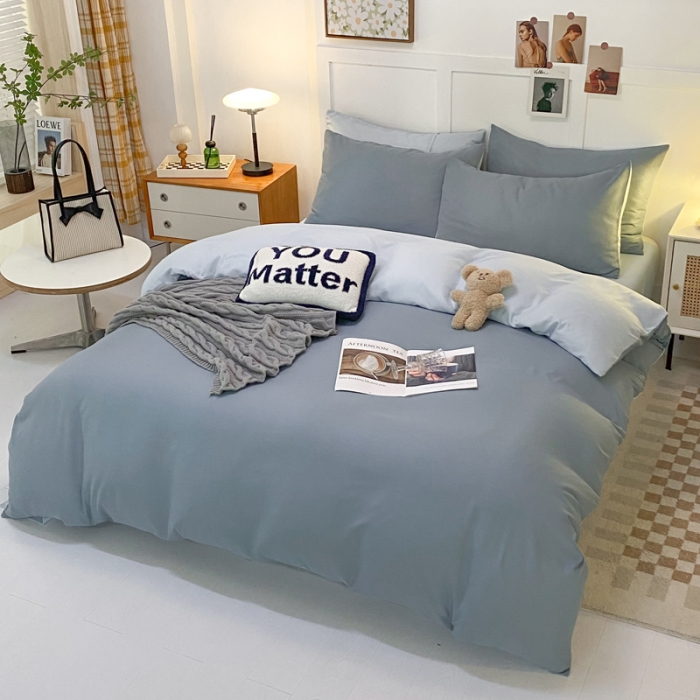 91家纺网 家纺一手货源 找家纺 米瑞娜2022新款纯色磨毛双拼四件套 月光雾蓝