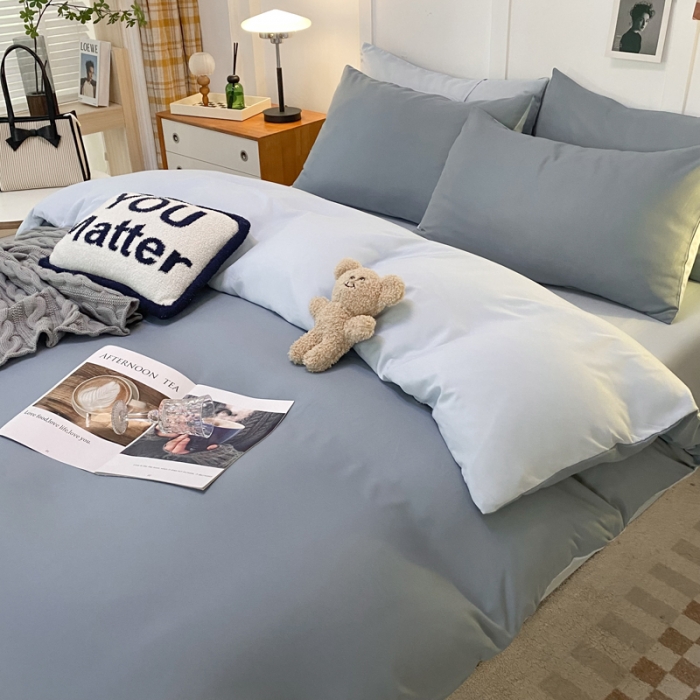 91家纺网 家纺一手货源 找家纺 米瑞娜2022新款纯色磨毛双拼四件套 月光雾蓝