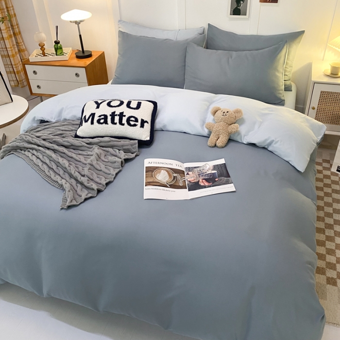 91家纺网 家纺一手货源 找家纺 米瑞娜2022新款纯色磨毛双拼四件套 月光雾蓝