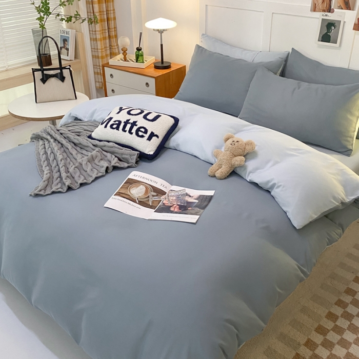 91家纺网 家纺一手货源 找家纺 米瑞娜2022新款纯色磨毛双拼四件套 月光雾蓝