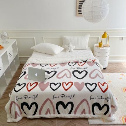 时年 2022新款牛奶绒拼羊羔绒毯 爱心结