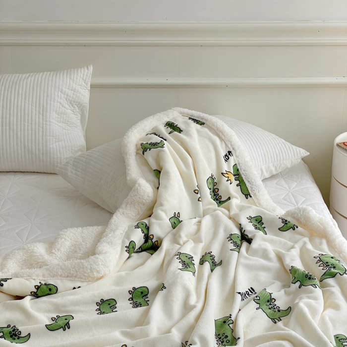 91家纺网 家纺一手货源 找家纺 时年 2022新款牛奶绒拼羊羔绒毯 小恐龙