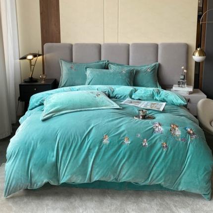 91家纺网 家纺一手货源 找家纺 云锦 2022秋冬新品加厚婴儿绒刺绣四件套 可爱熊-森林绿