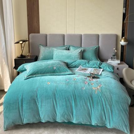 91家纺网 家纺一手货源 找家纺 云锦 2022秋冬新品加厚婴儿绒刺绣四件套 手捧花-森林绿