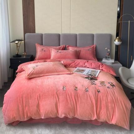 云锦 2022秋冬新品加厚婴儿绒刺绣四件套 可爱熊-玉藕色