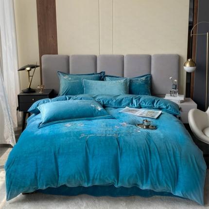 云锦 2022秋冬新品加厚婴儿绒刺绣四件套 梦里花香-宝石蓝