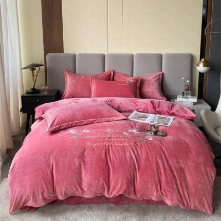 云锦 2022秋冬新品加厚婴儿绒刺绣四件套 梦里花香-蔷薇粉