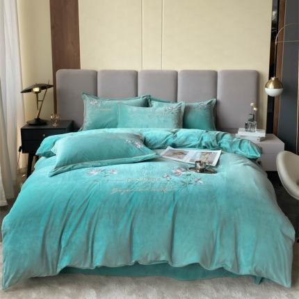 云锦 2022秋冬新品加厚婴儿绒刺绣四件套 梦里花香-森林绿