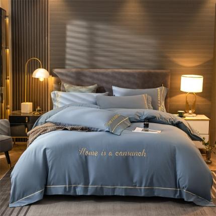 91家纺网 家纺一手货源 找家纺 蓝米卡夫 2024新款全棉加厚磨毛刺绣套件系列 天空蓝