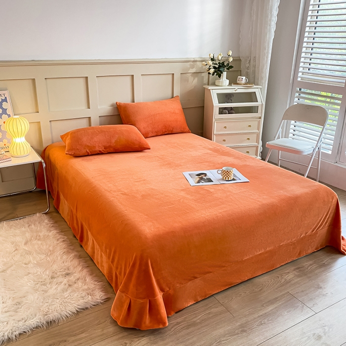 91家纺网 家纺一手货源 找家纺 吾诺 2022新款牛奶绒单品吊边床单 彩虹橙