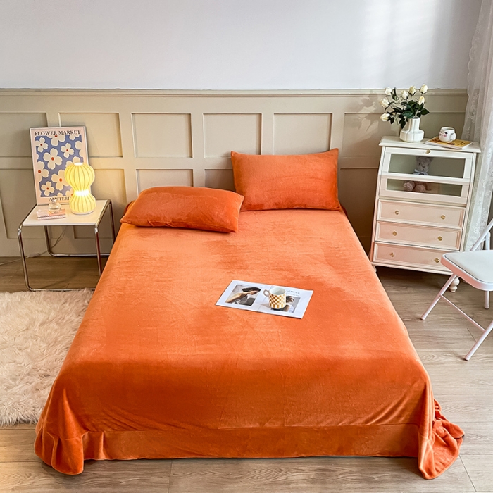 91家纺网 家纺一手货源 找家纺 吾诺 2022新款牛奶绒单品吊边床单 彩虹橙