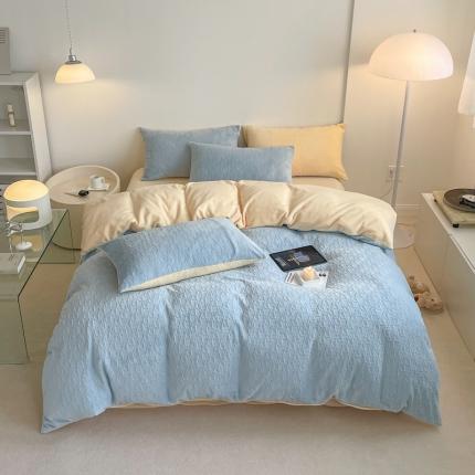 91家纺网 家纺一手货源 找家纺 潘朵拉 2023新款直播爆款撞色牛奶绒提花四件套 梦境-蓝黄