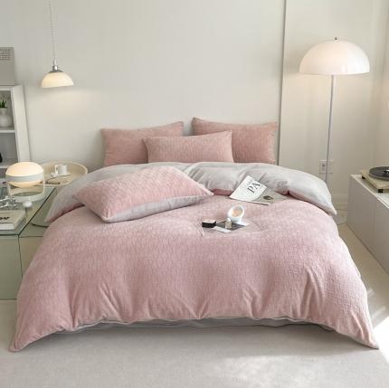 潘朵拉 2023新款直播爆款撞色牛奶绒提花四件套 梦境-粉灰