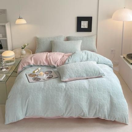 潘朵拉 2023新款直播爆款撞色牛奶绒提花四件套山茶花-绿粉