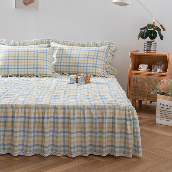 91家纺网 家纺一手货源 找家纺 久典 2022新款A类母婴级抗菌夹棉花边床裙四件套 彩虹绿