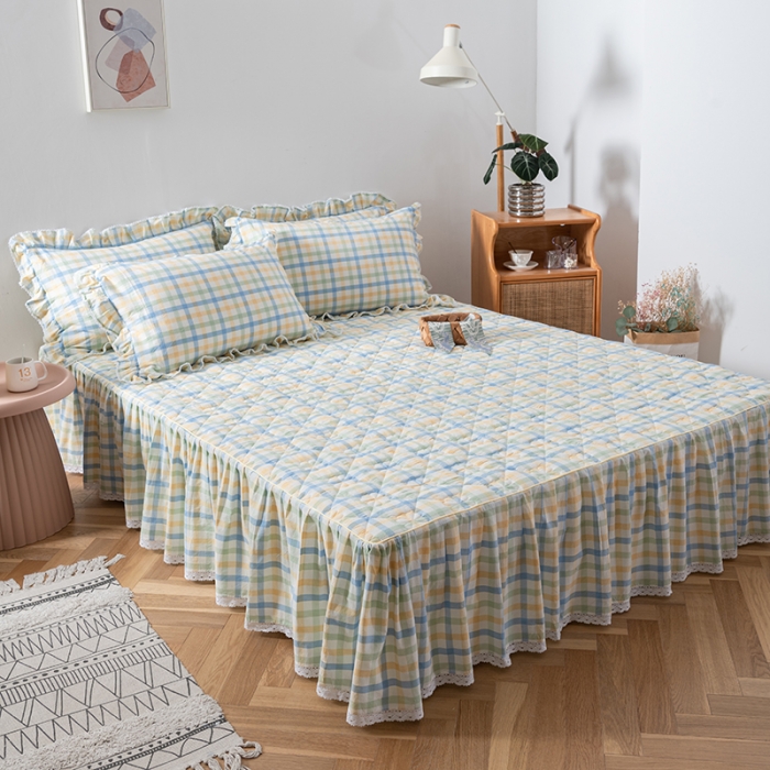 91家纺网 家纺一手货源 找家纺 久典 2022新款A类母婴级抗菌夹棉花边床裙四件套 彩虹绿