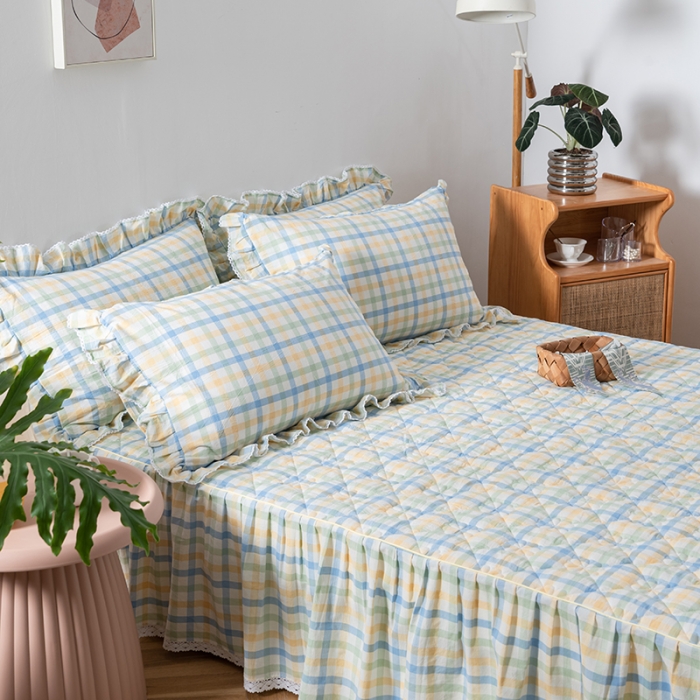 91家纺网 家纺一手货源 找家纺 久典 2022新款A类母婴级抗菌夹棉花边床裙四件套 彩虹绿